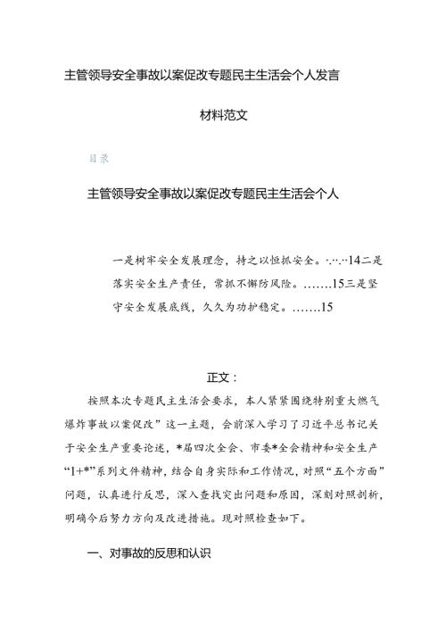 主管领导安全事故以案促改专题民主生活会个人发言材料范文.docx