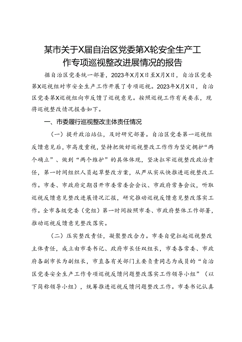 某市关于安全生产工作专项巡视整改进展情况的报告(1).docx_第1页