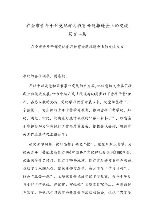 在全市青年干部党纪学习教育专题推进会上的交流发言二篇.docx