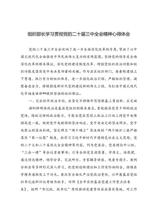 2024年9月组织部长学习贯彻党的二十三中全会精神心得体会.docx