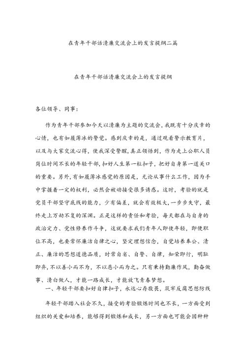 在青年干部话清廉交流会上的发言提纲二篇.docx