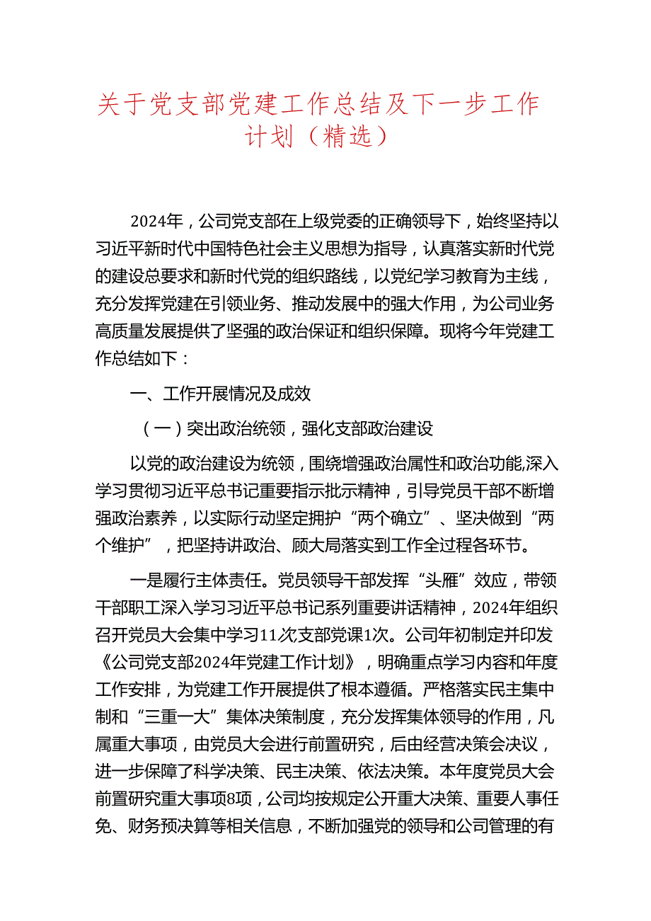 关于党支部党建工作总结及下一步工作计划（精选）.docx_第1页