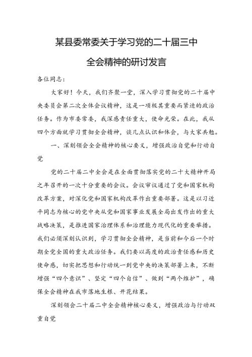 某县委常委关于学习党的二十三中全会精神的研讨发言.docx