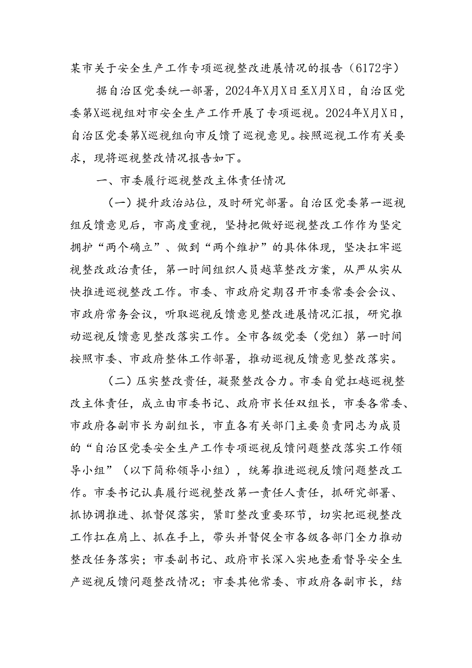 某市关于安全生产工作专项巡视整改进展情况的报告（6172字）.docx_第1页