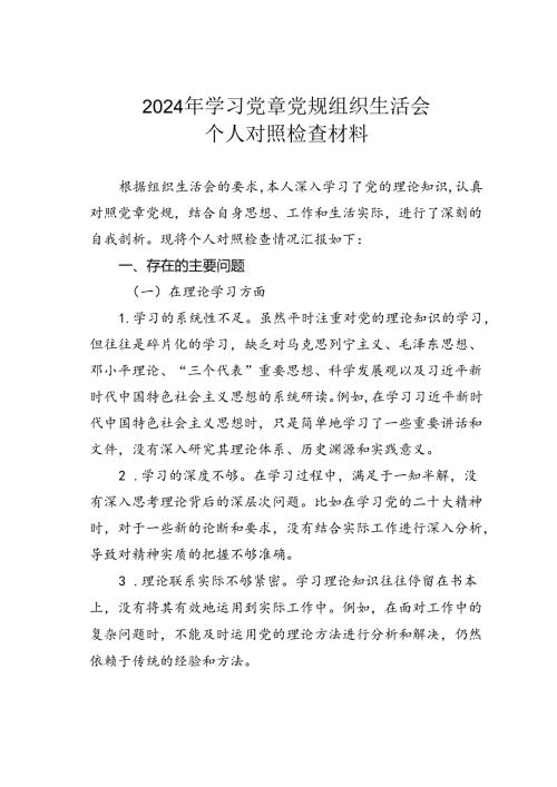 2024 年学习党章党规组织生活会个人对照检查材料.docx