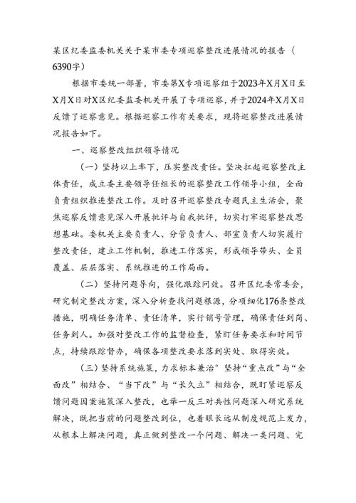 某区纪委监委机关关于某市委专项巡察整改进展情况的报告（6390字）.docx