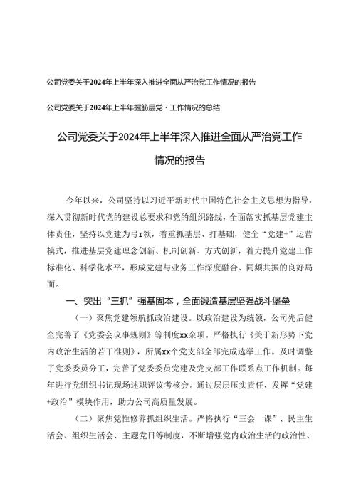 公司党委关于2024年上半年深入推进全面从严治党工作情况的报告+上半年抓基层党建工作情况的总结.docx