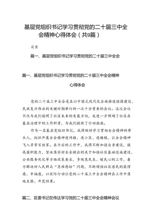 (9篇)基层党组织书记学习贯彻党的二十三中全会精神心得体会（详细版）.docx