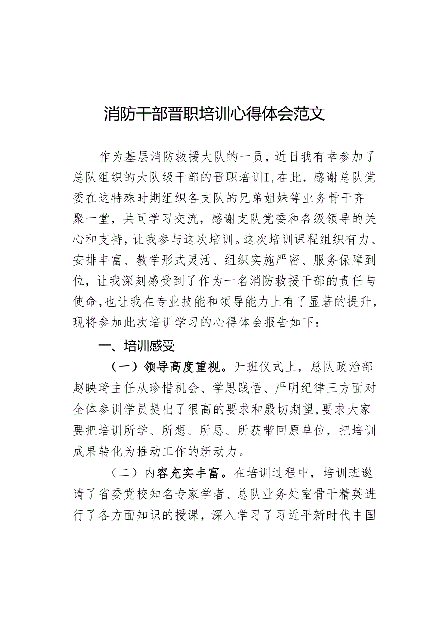 消防干部晋职培训心得体会发言材料.docx_第1页