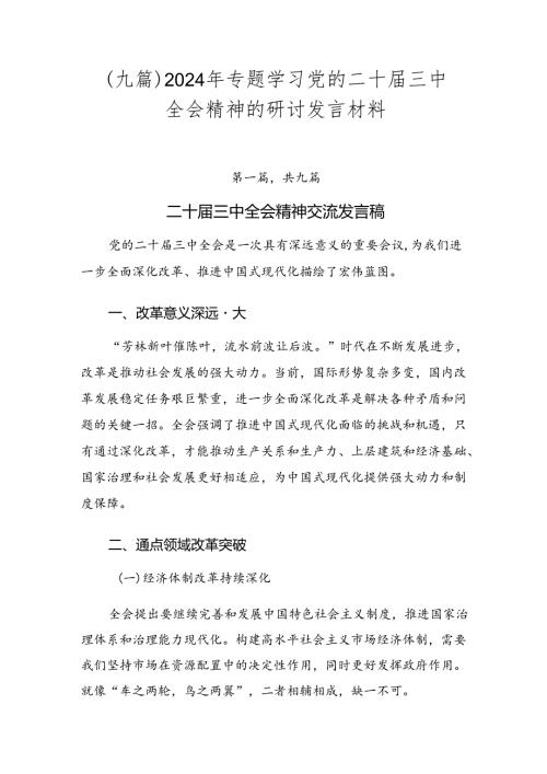 （九篇）2024年专题学习党的二十三中全会精神的研讨发言材料.docx