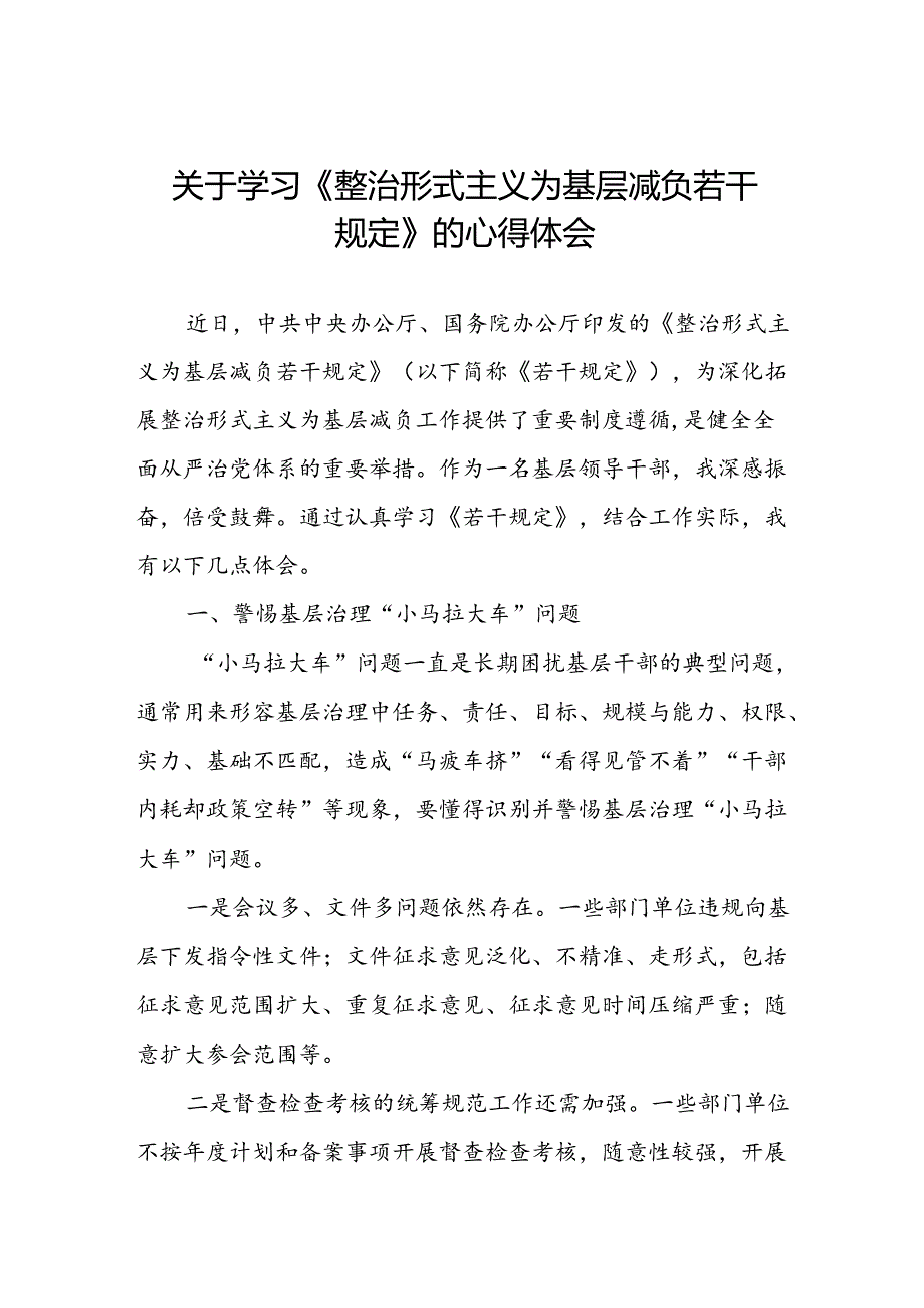 整治形式主义为基层减负若干规定学习体会研讨发言材料.docx_第1页