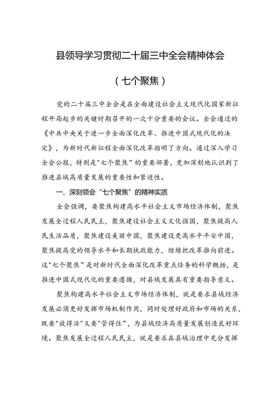 县领导学习贯彻二十三中全会精神体会（七个聚焦）.docx_第1页