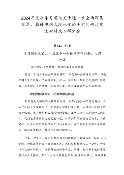 2024在学习贯彻关于进一步全面深化改革、推进中国式现代化的决定的研讨交流材料及心得体会.docx