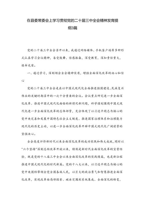 在县委常委会上学习贯彻党的二十三中全会精神发言提纲3篇.docx