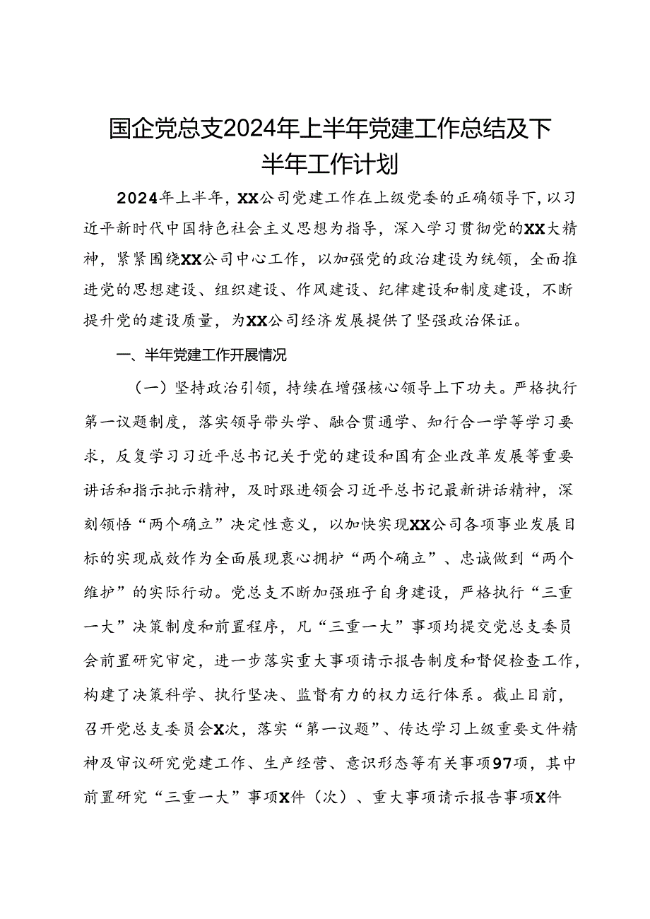 国企党总支2024年上半年党建工作总结及下半年工作计划(2).docx_第1页
