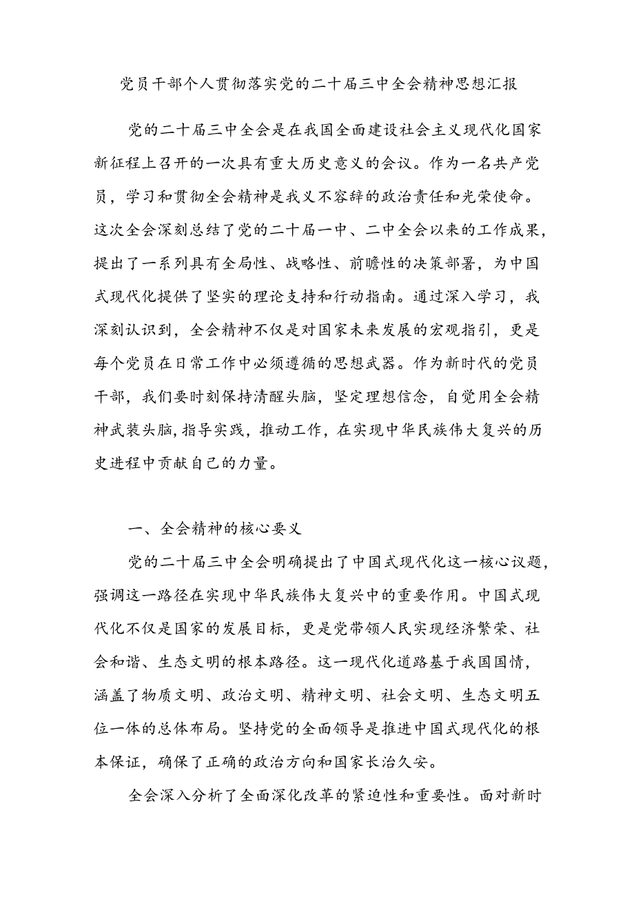 2025党员干部个人贯彻落实党的二十三中全会精神思想汇报.docx_第1页