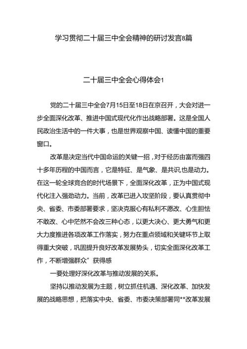 党员干部2024年12月学习贯彻党的二十三中全会精神研讨发言心得体会8篇.docx