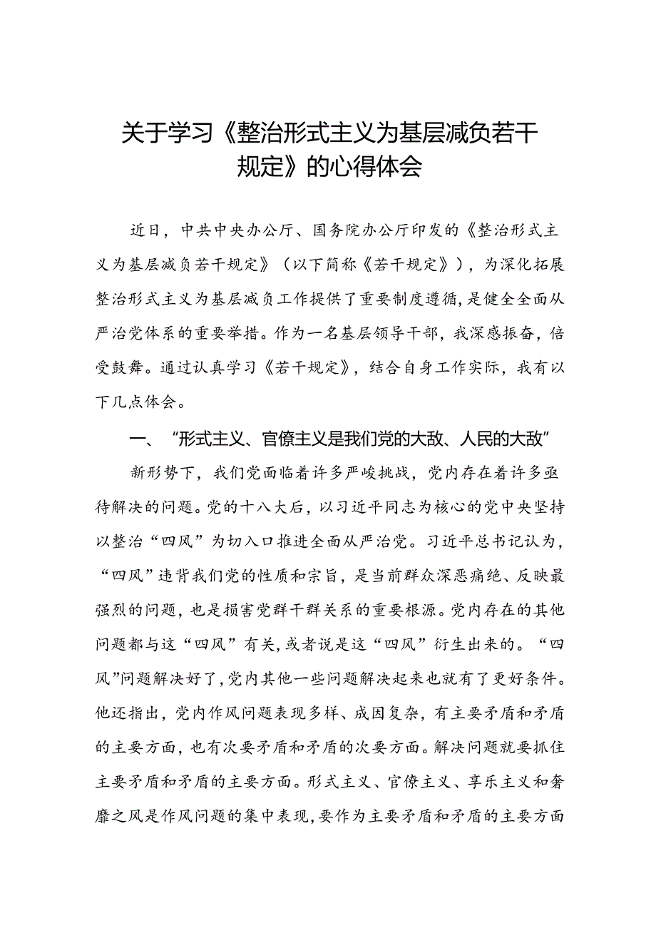 学习《整治形式主义为基层减负若干规定》心得体会十篇.docx_第1页