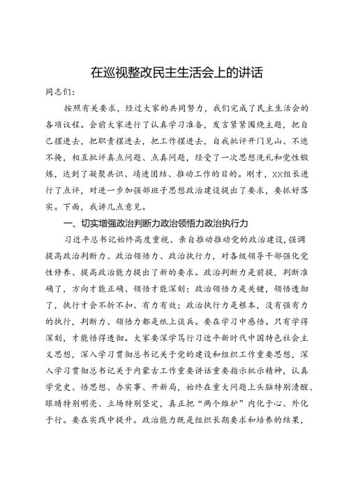 在巡视整改民主生活会上的讲话.docx