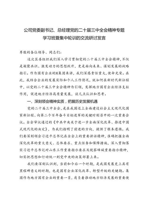 公司党委副书记、总经理党的二十三中全会精神专题学习班暨集中轮训的交流研讨发言国企改革领域学习党的二十三中全会精神交流.docx