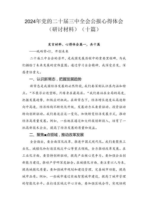 2024年党的二十三中全会公报心得体会（研讨材料）（十篇）.docx