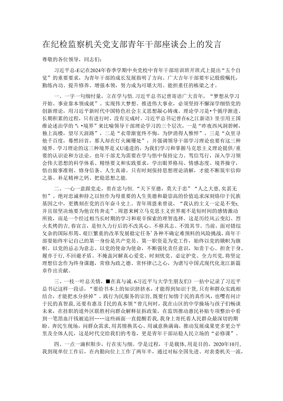 在纪检监察机关党支部青年干部座谈会上的发言.docx_第1页