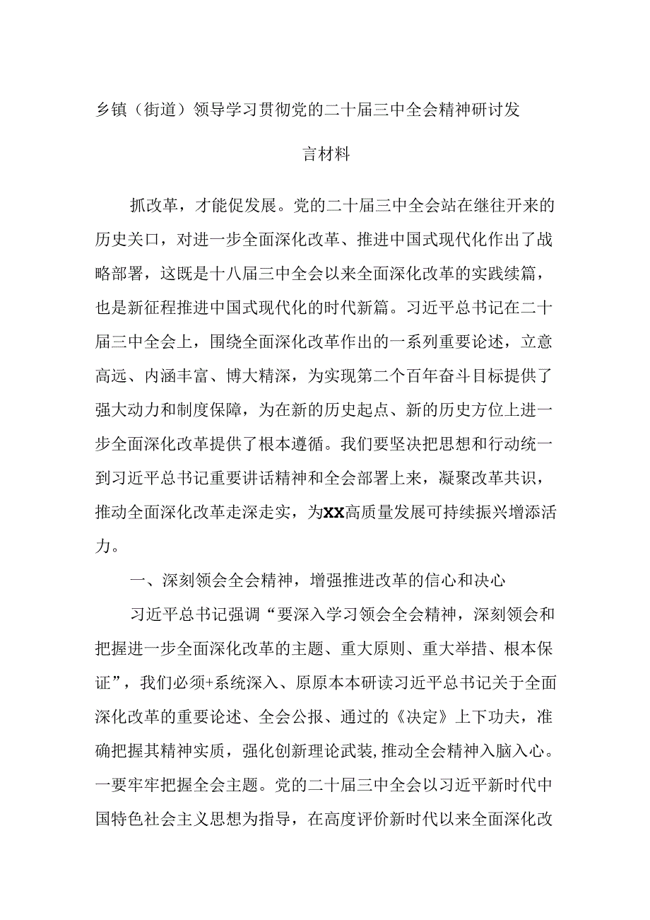 乡镇（街道）领导学习贯彻党的二十三中全会精神研讨发言材料(2).docx_第1页