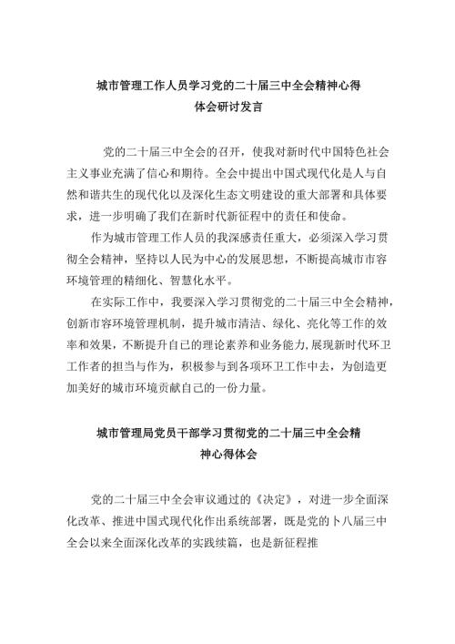 城市管理工作人员学习党的二十三中全会精神心得体会研讨发言（共五篇）.docx