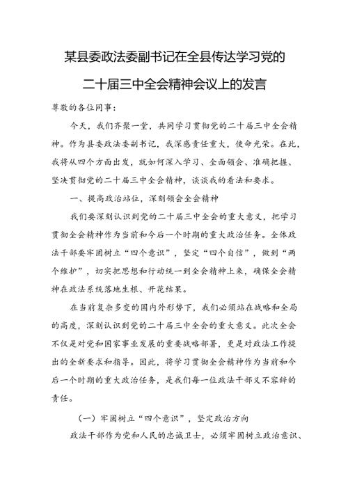 某县委政法委副书记在全县传达学习党的二十三中全会精神会议上的发言.docx