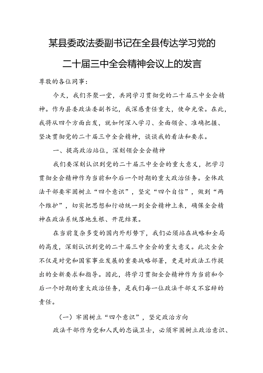某县委政法委副书记在全县传达学习党的二十三中全会精神会议上的发言.docx_第1页
