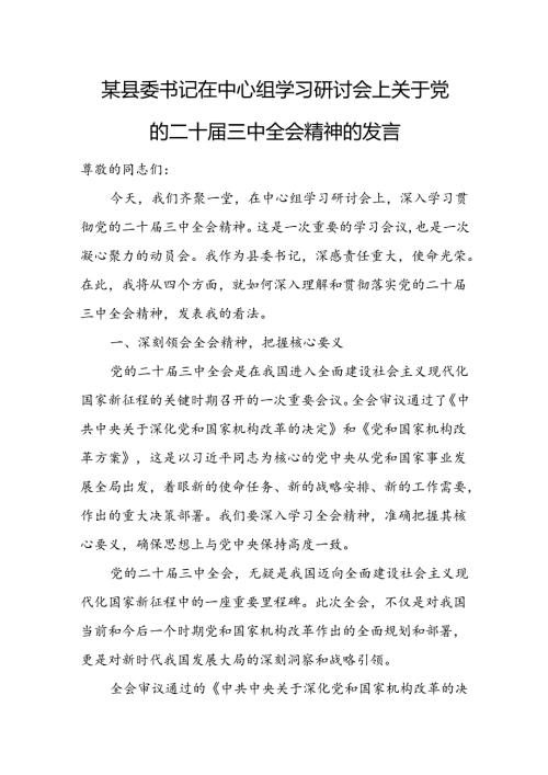 某县委书记在中心组学习研讨会上关于党的二十三中全会精神的发言.docx