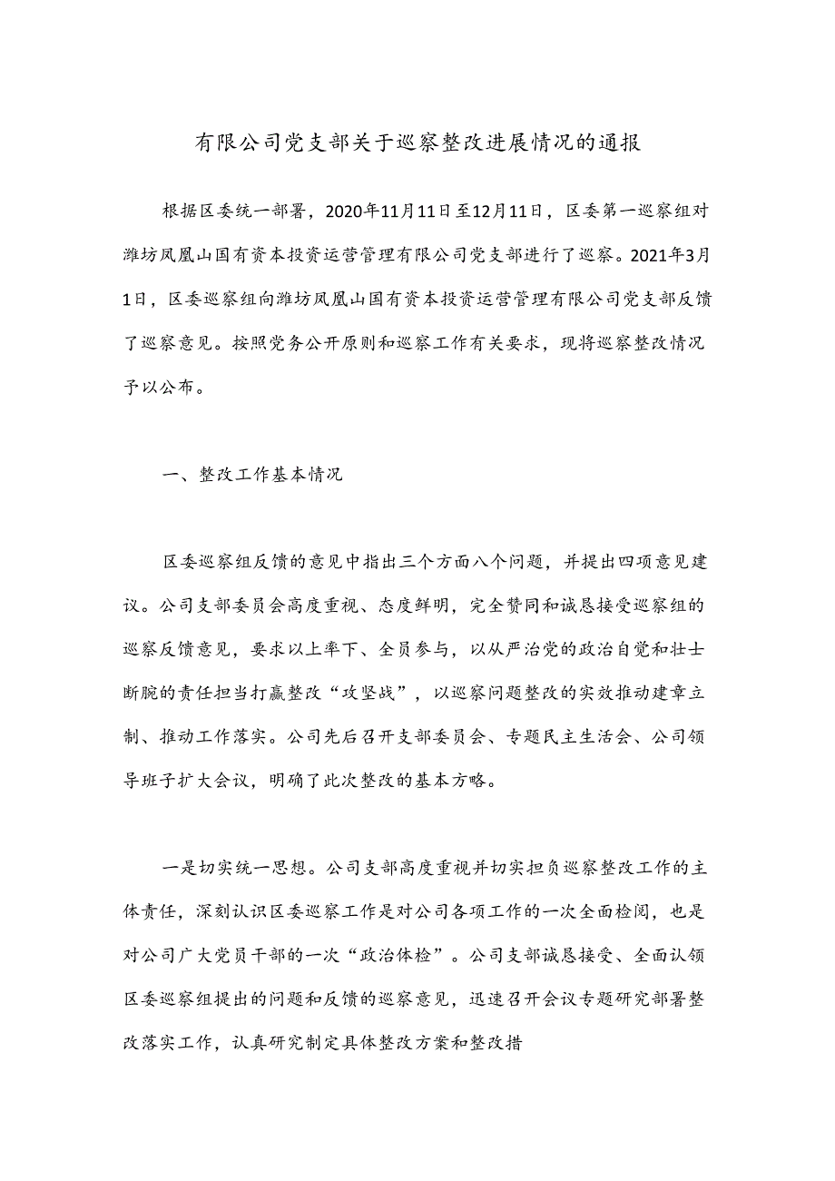 有限公司党支部关于巡察整改进展情况的通报.docx_第1页