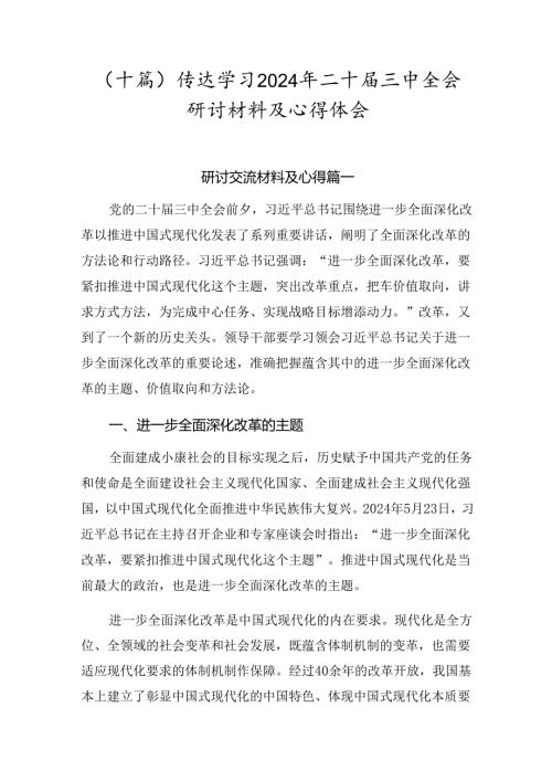 （十篇）传达学习2024年二十三中全会研讨材料及心得体会.docx