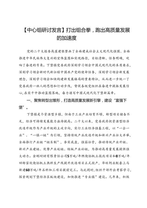 【中心组研讨发言】打出组合拳跑出高质量发展的加速度.docx