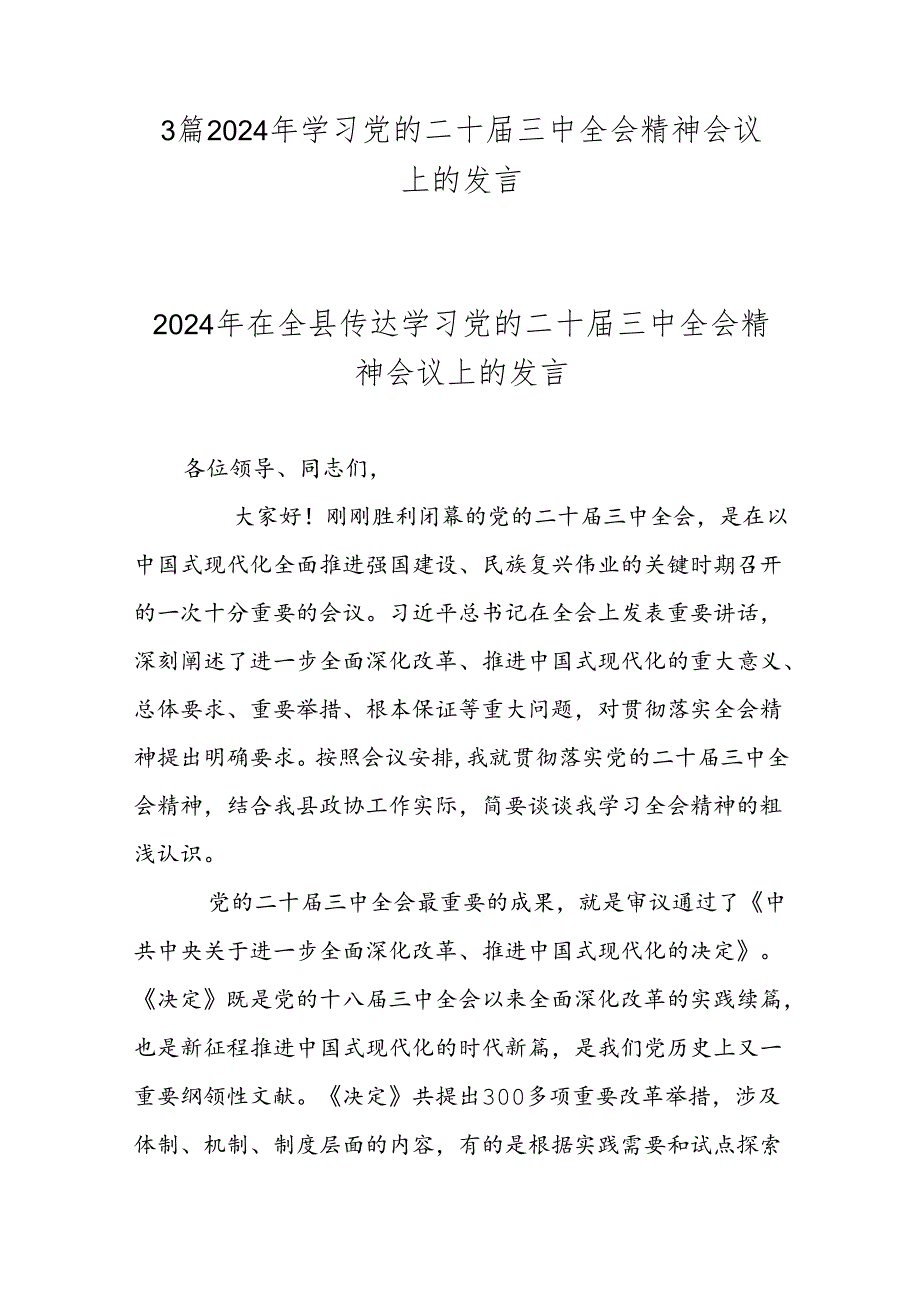 3篇2024年学习党的二十三中全会精神会议上的发言.docx_第1页