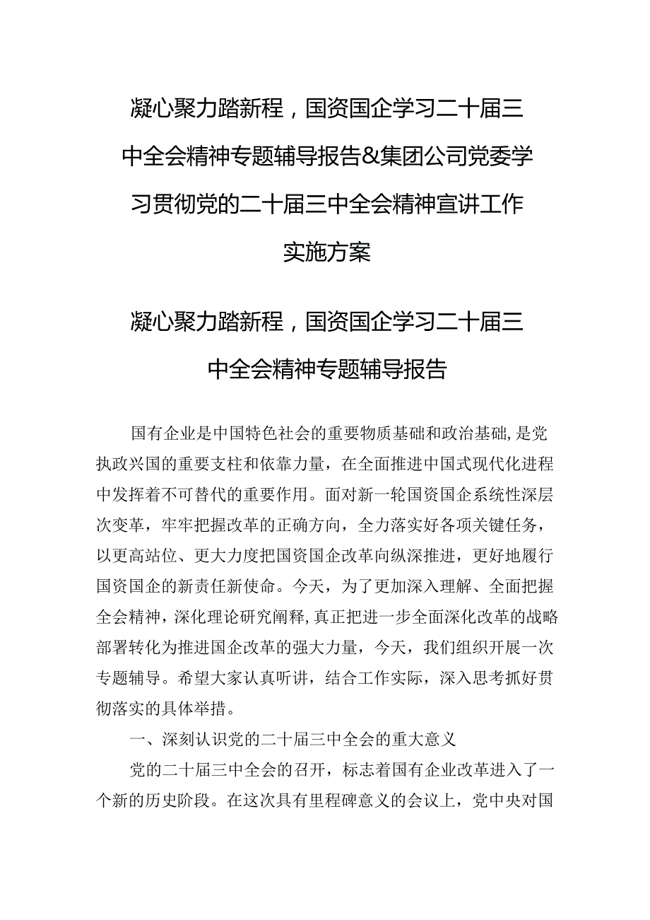 凝心聚力踏新程国资国企学习二十三中全会精神专题辅导报告&集团公司党委学习贯彻党的二十三中全会精神宣讲工作实施方案.docx_第1页