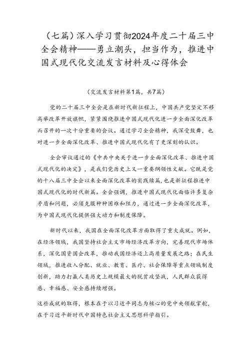 （七篇）深入学习贯彻2024二十三中全会精神——勇立潮头担当作为推进中国式现代化交流发言材料及心得体会.docx