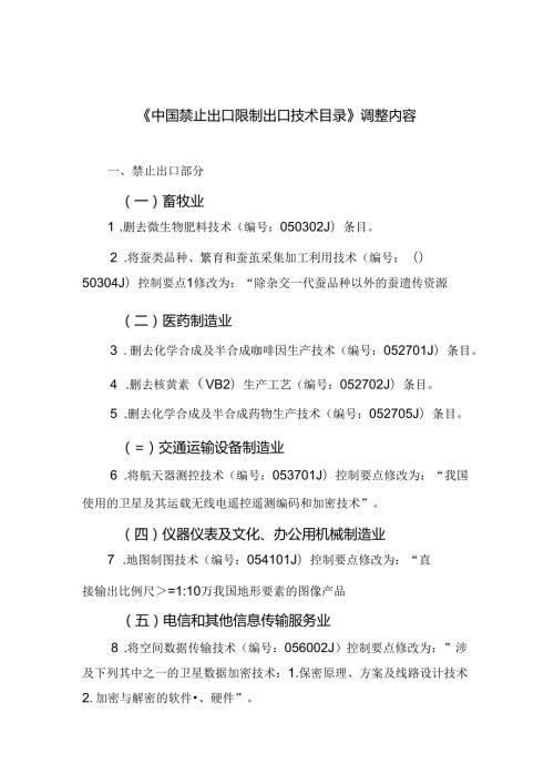 《中国禁止出口限制出口技术目录》调整内容(1).docx