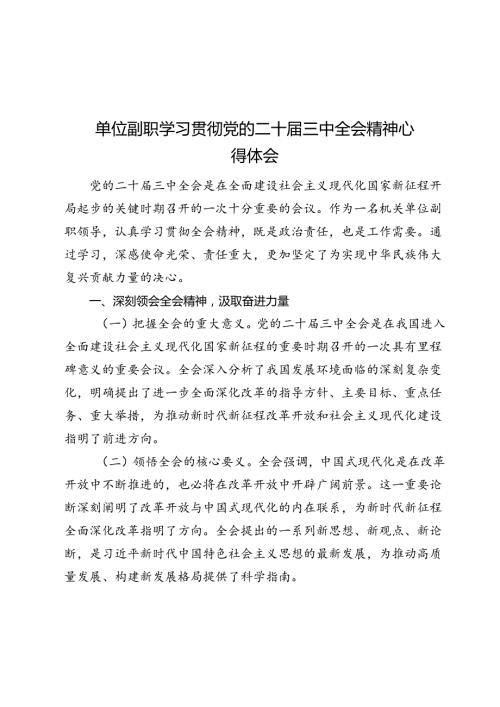 单位副职学习贯彻党的二十三中全会精神心得体会.docx