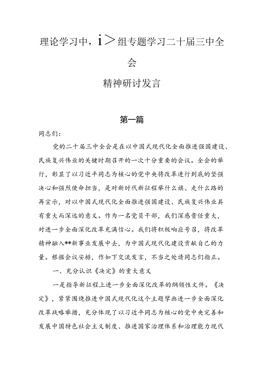 （10篇）理论学习中心组专题学习二十三中全会精神研讨发言.docx_第1页