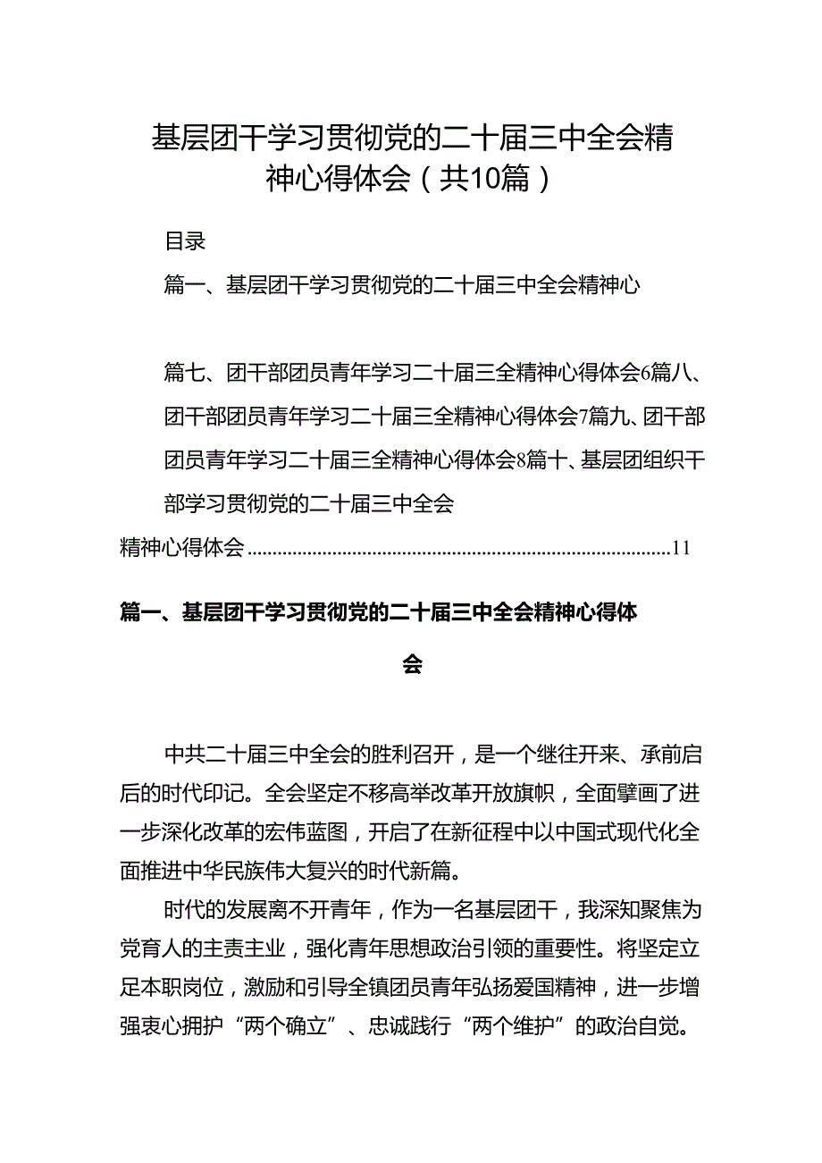 基层团干学习贯彻党的二十三中全会精神心得体会十篇（精选）.docx_第1页