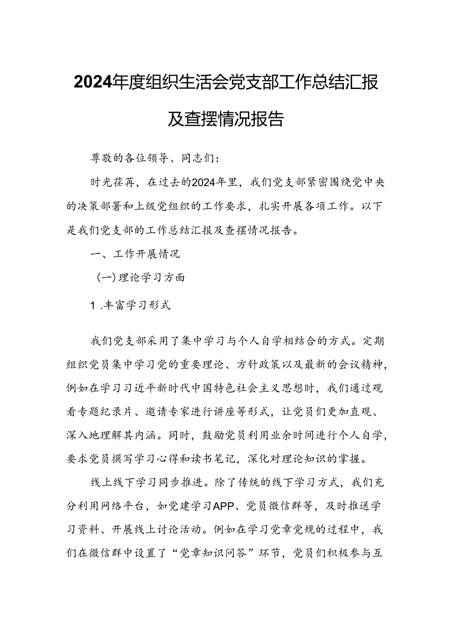 2024组织生活会党支部工作总结汇报及查摆情况报告.docx_第1页