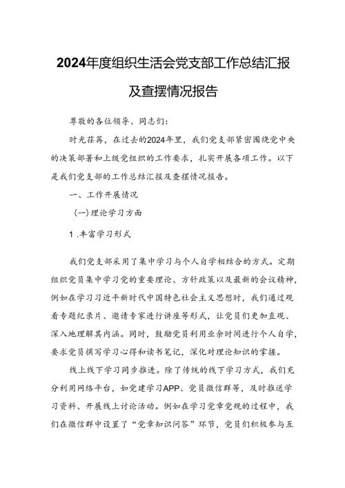 2024组织生活会党支部工作总结汇报及查摆情况报告.docx