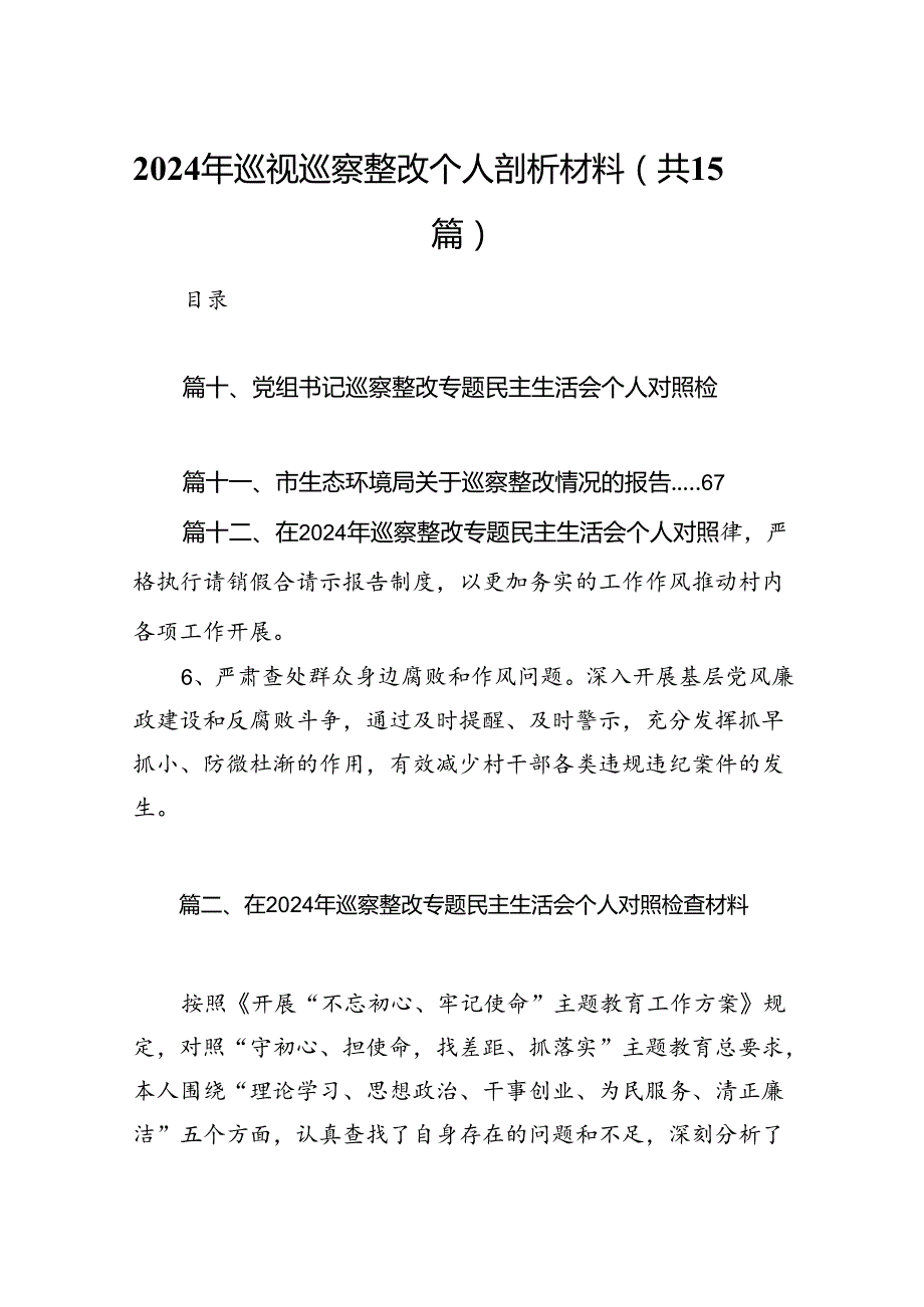 2024年巡视巡察整改个人剖析材料15篇（精选）.docx_第1页