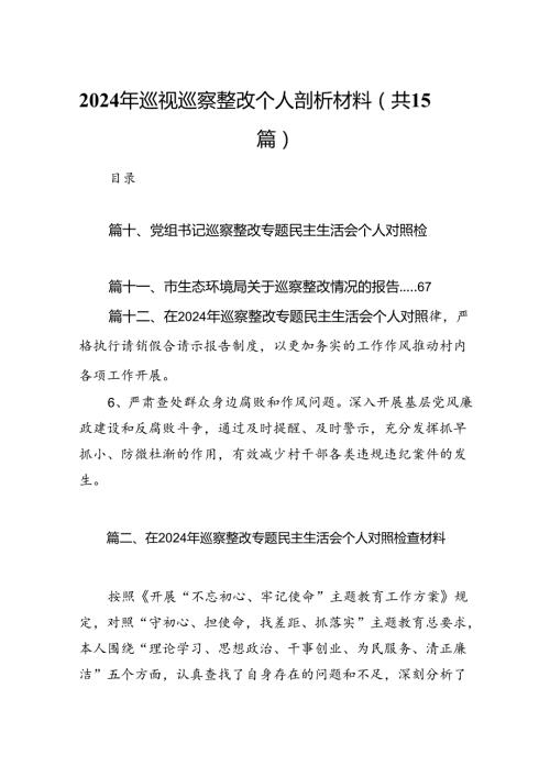 2024年巡视巡察整改个人剖析材料15篇（精选）.docx