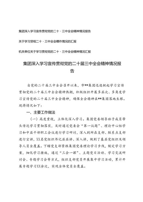 机关单位、集团深入学习宣传贯彻党的二十三中全会精神情况报告.docx