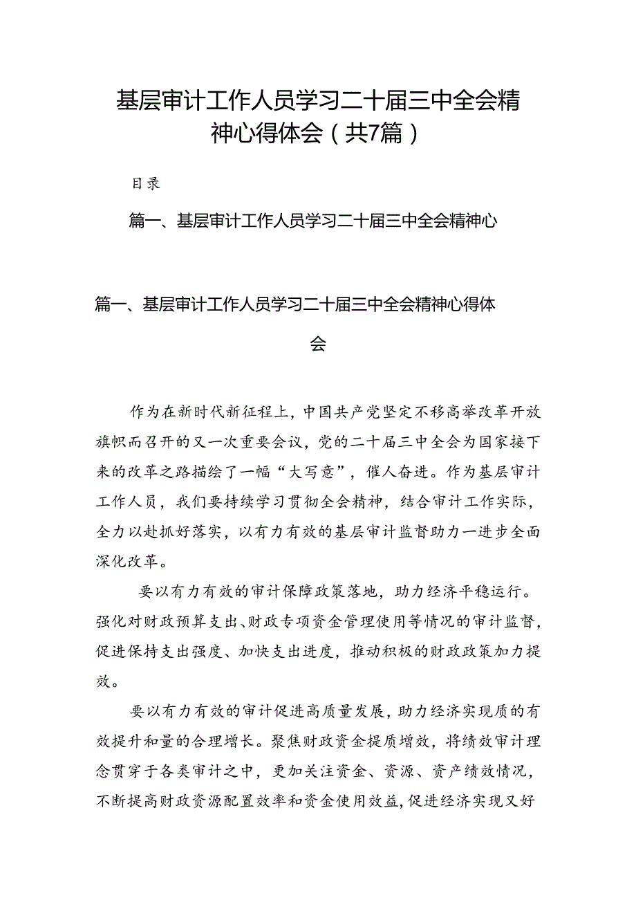 基层审计工作人员学习二十三中全会精神心得体会（共7篇）.docx_第1页