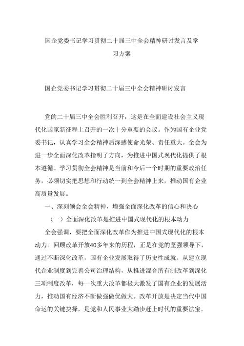 国企党委书记学习贯彻二十三中全会精神研讨发言及学习方案.docx