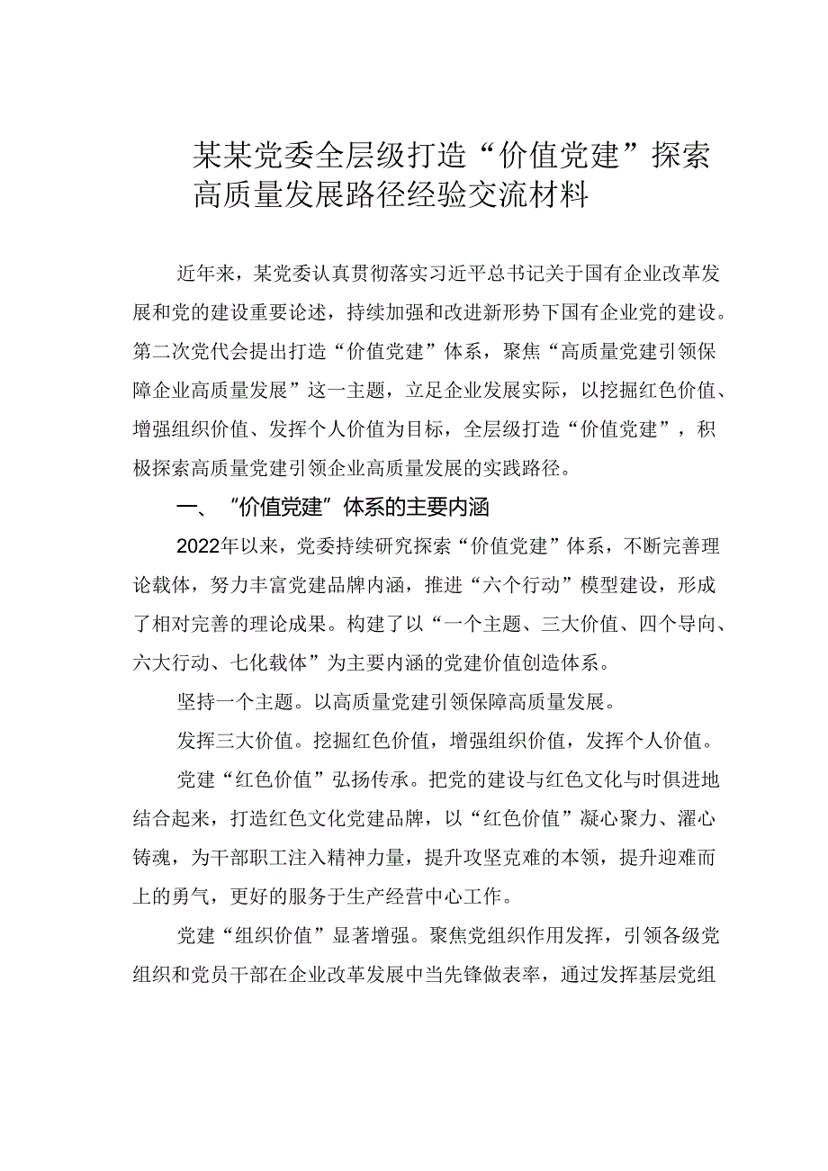 某某党委全层级打造“价值党建”探索高质量发展路径经验交流材料.docx_第1页