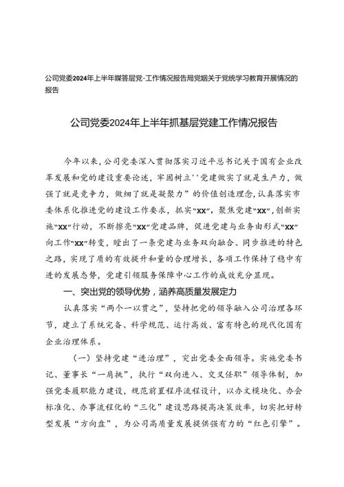 公司党委2024年上半年抓基层党建工作情况报告+局党组关于党纪学习教育开展情况的报告.docx